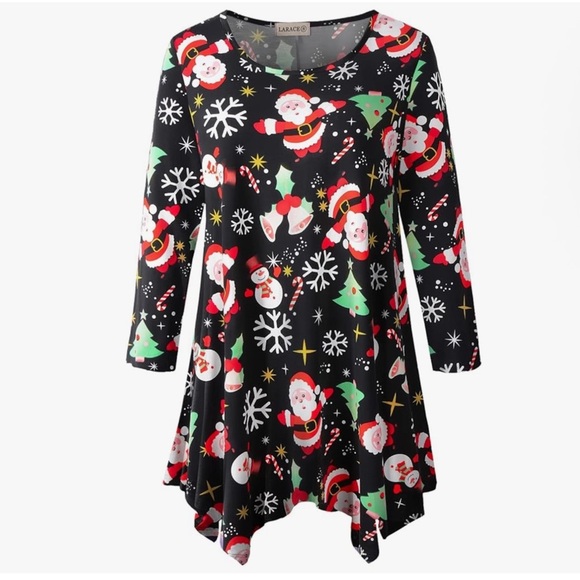 Larace Christmas Tunic Top Handkerchief Hem  3/4 Sleeve Round Neck Holiday Med - Picture 5 of 16